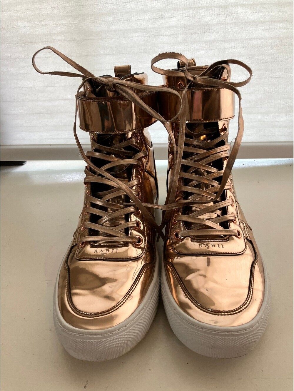 Radii Vertex High Top Sneakers Mens 12 ROSE Gold Mirror Metallic Strap Boots
